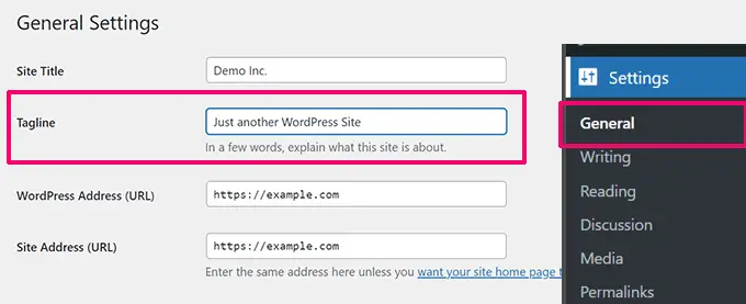 Alterar slogan nas configurações gerais Change tagline in General settings