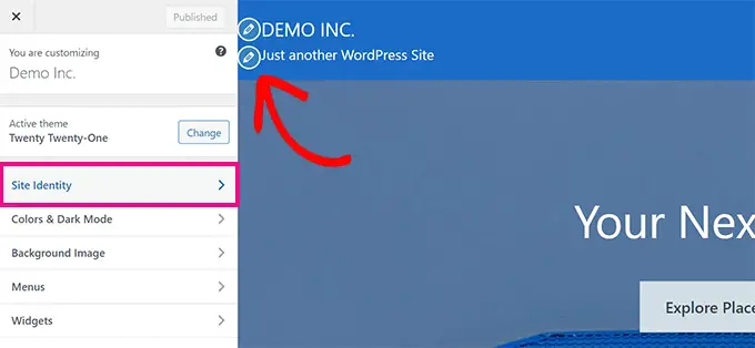 Localize a guia de identidade do site Locate site identity tab