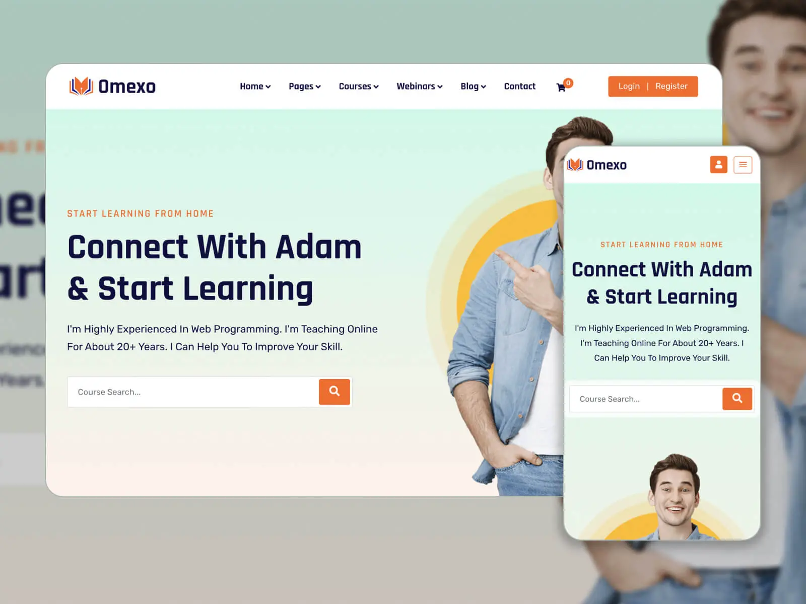 Cuplikan layar Omexo - tema WordPress yang dinamis dan menarik untuk kursus online dalam gradasi warna perak, koral, darkslategray, melon, dan abu-abu