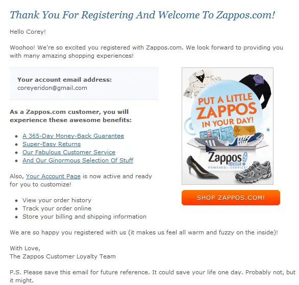 Tangkapan layar email dari Zappos; Cara menulis email pemasaran