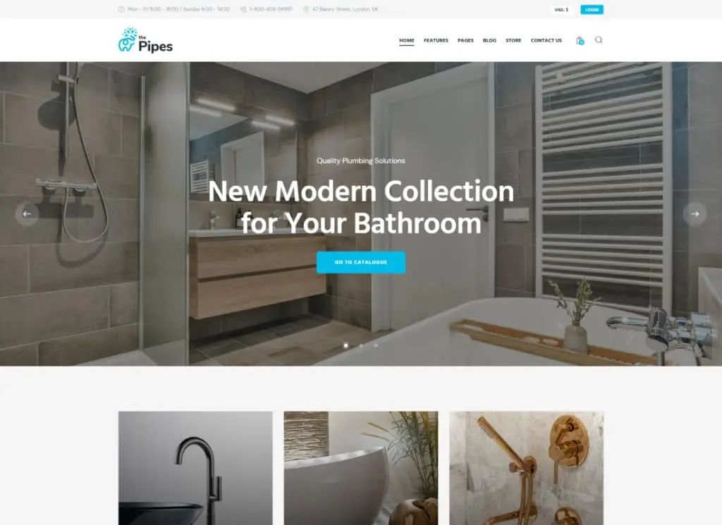 The Pipes - Tema WordPress para servicio de plomería y tienda de herramientas de construcción