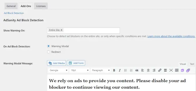 Paramètres de détection AdSanity Ad Block Edit AdSanity ad blocker settings