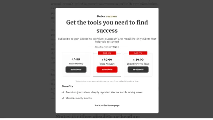 Paywall sur le site du Washington Post Forbes content locking popup