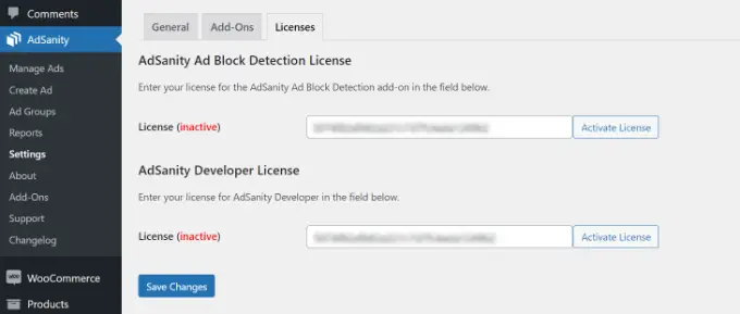 Entrez la clé de licence AdSanity Enter AdSanity license key