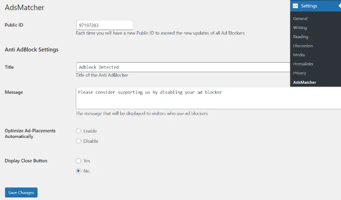 Paramètres de déblocage d'annonces Edit AdsMatcher settings