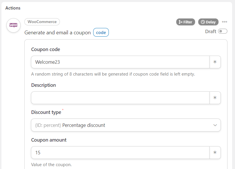 new-coupon-actions - Cupoane avansate Filling in details for the new user coupon.