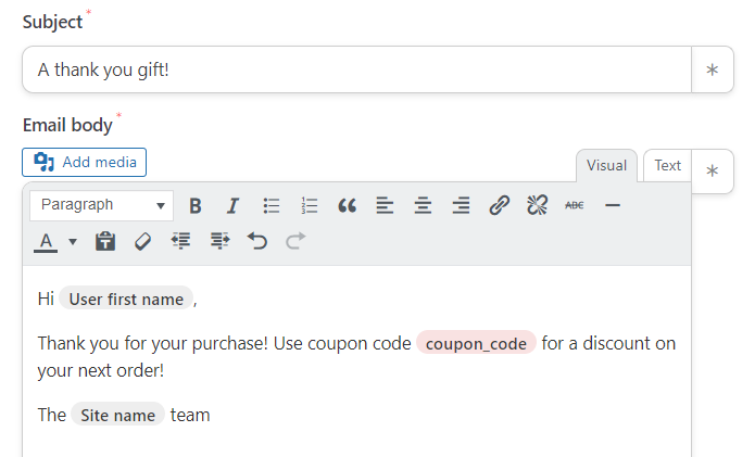 email-message-action - Cupoane avansate Customizing the email for the new user coupon.