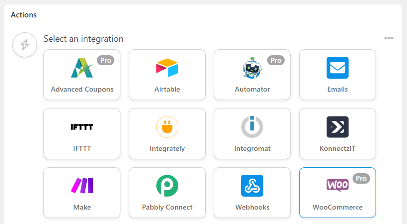 Selecting WooCommerce for the new user coupon actions. 