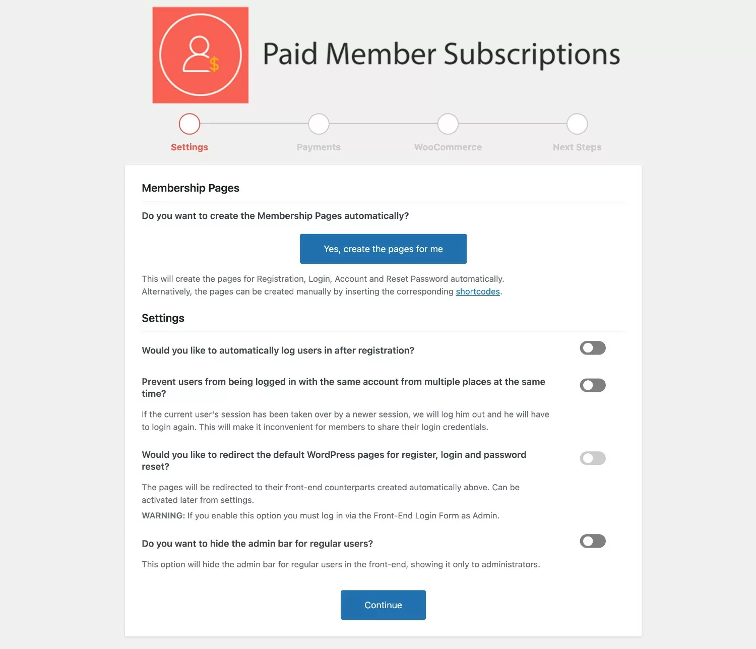 Asistente de configuración de suscripciones de miembros pagados