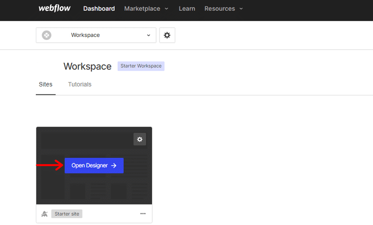 ไปที่ Webflow Workspace แล้วคลิก Open Designer