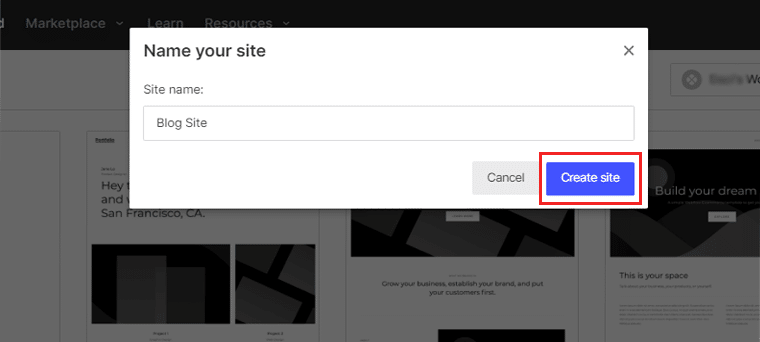 ตั้งชื่อไซต์ของคุณแล้วคลิกสร้าง - สร้างบล็อกด้วย Webflow