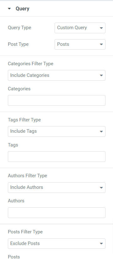 PowerPack Content Ticker widget'ının içerik sekmesindeki sorgu bölümü