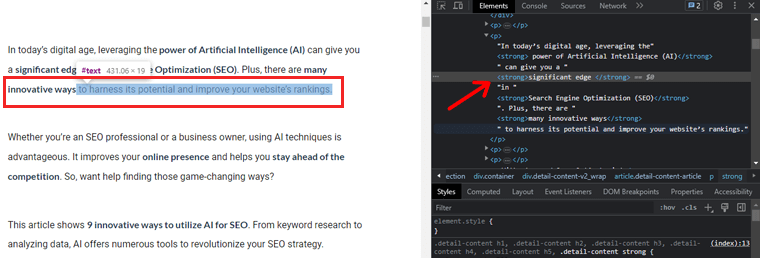 Hervorgehobenes HTML-Element des Textes