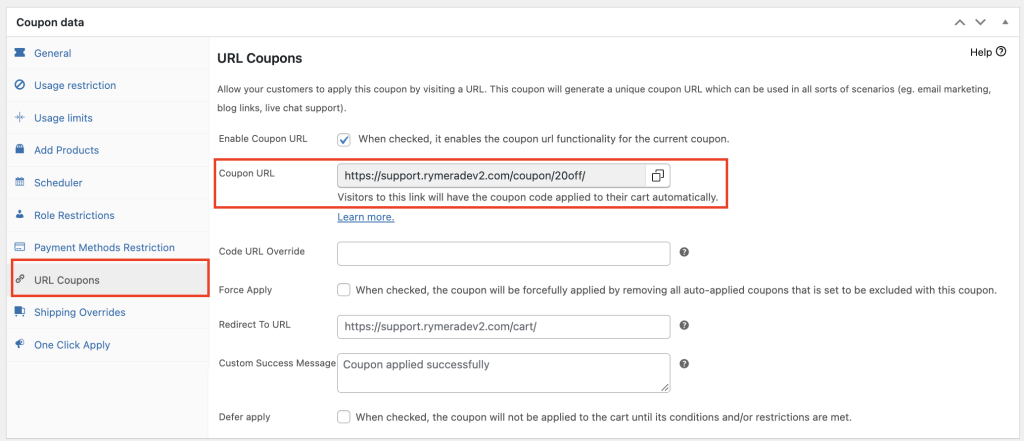 ACFWP-URL-Configurações de cupom - Cupons avançados Step 2: Enable Coupon URL Option