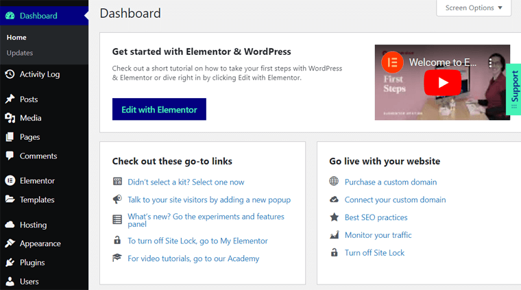 Elementor Hosting WordPress Tabloul de bord