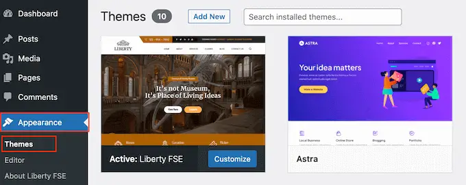 Membuka editor situs lengkap WordPress (FSE) Opening the WordPress full-site editor (FSE)