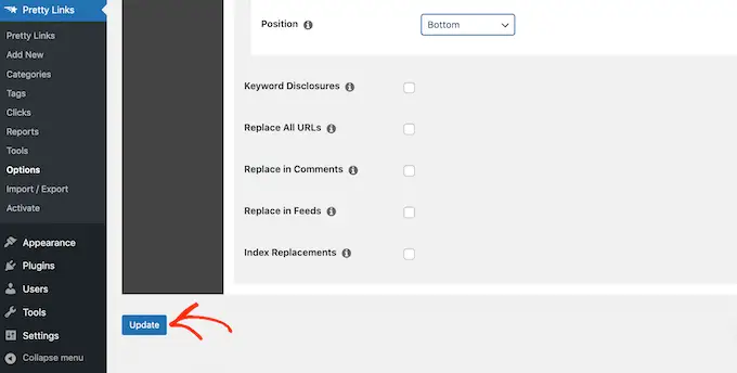 Menyimpan pengaturan Pretty Links Anda Saving your Pretty Links settings