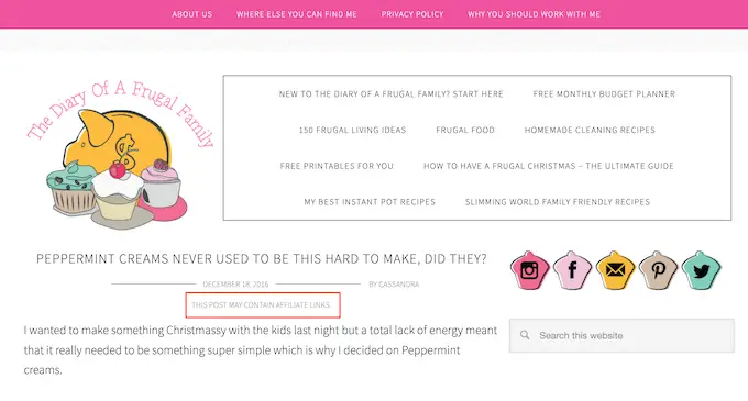 Contoh penafian afiliasi di blog An example affiliate disclaimer on a blog