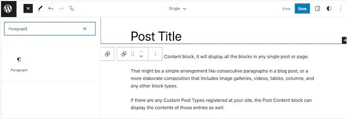 Menambahkan blok Paragraf ke templat situs lengkap Adding a Paragraph block to a full-site template