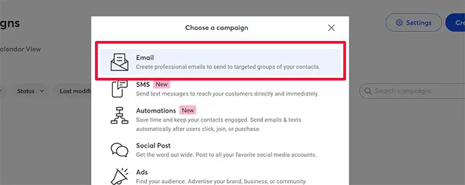 Scegli la campagna e-mail Choose email campaign