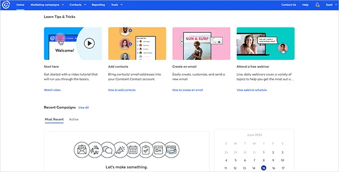 Dashboard di contatto costante Constant Contact Dashboard