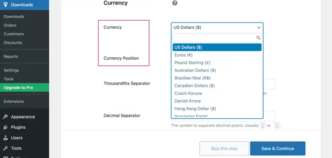 ดาวน์โหลดดิจิทัลอย่างง่าย ตั้งค่า เลือกสกุลเงิน Easy Digital Downloads Setup Select Currency