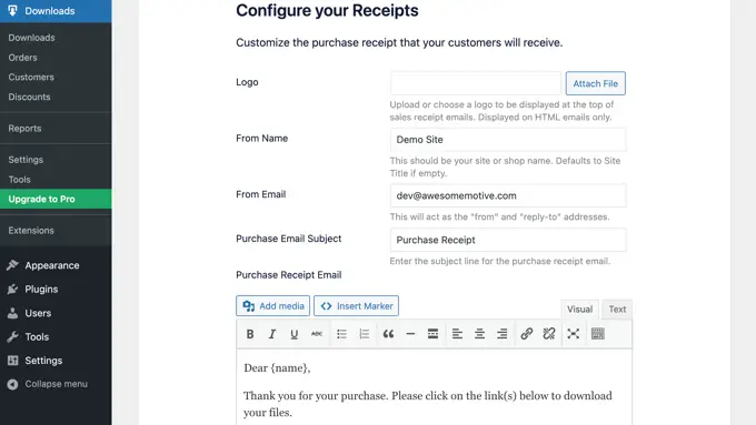 ตั้งค่าการดาวน์โหลดดิจิทัลอย่างง่าย กำหนดค่าใบเสร็จรับเงินของคุณ Easy Digital Downloads Setup Configure Your Receipts
