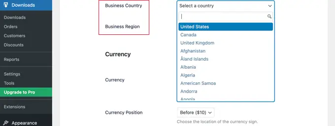 ตั้งค่าการดาวน์โหลดดิจิทัลอย่างง่าย เลือกประเทศ Easy Digital Downloads Setup Select a Country