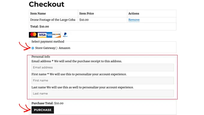 เลือก Store Gateway จากนั้นคลิกปุ่มซื้อในหน้าชำระเงิน Select Store Gateway Then Click the Purchase Button on the Checkout Page