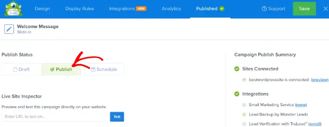 Publica tu opción Publish the welcome screen campaign