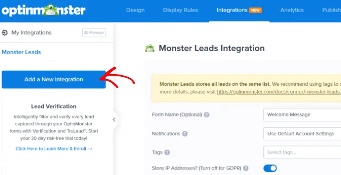 Añadir integración Click add a new integration