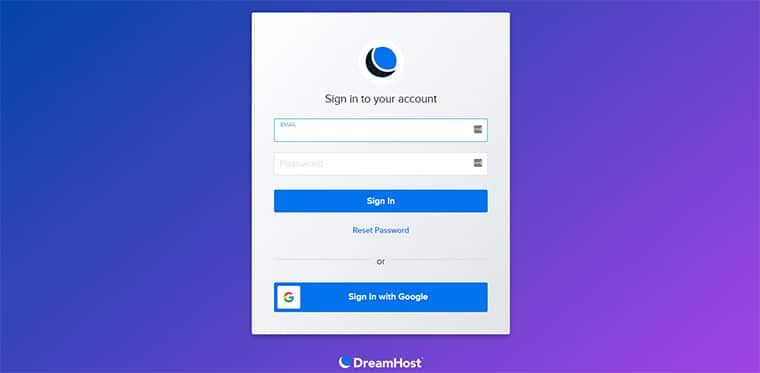 Pagina de conectare DreamHost
