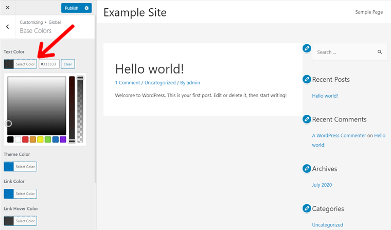 Personalizarea culorilor de bază în tema Astra