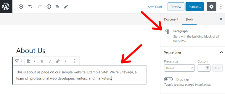 Adăugarea unui paragraf în Editorul de blocuri WordPress
