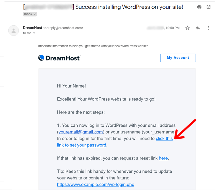 WordPress Installation Successful Email by DreamHost