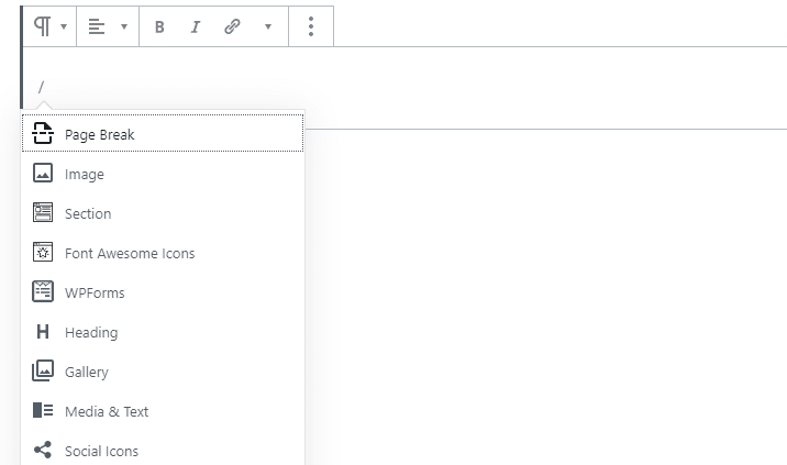 Editorul Gutenberg adăugând bloc cu Slash