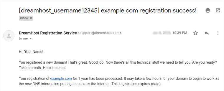 Domain Registration Success Email by DreamHost