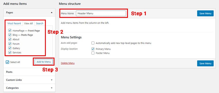 Selectarea paginilor de adăugat în meniul antet