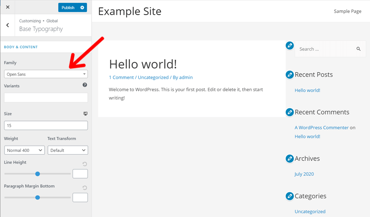 Personalizarea tipografiei de bază în tema Astra