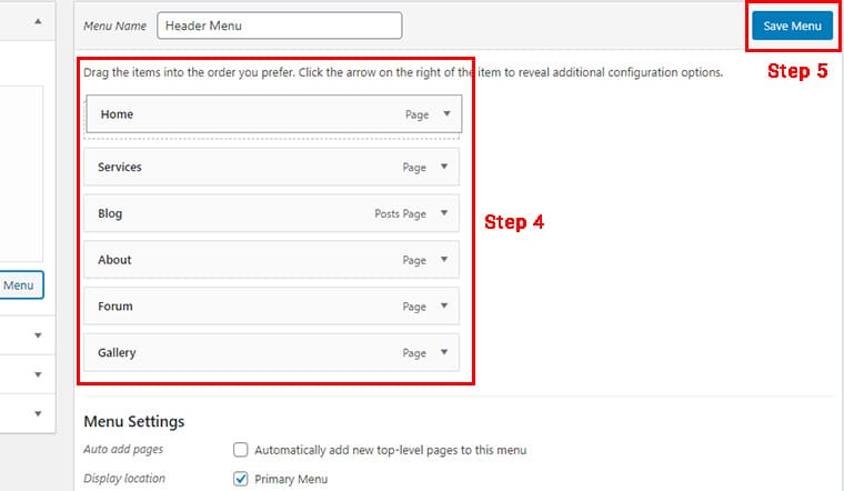 Aranjarea structurii meniului prin glisare și plasare