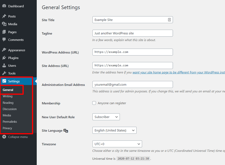 Setări generale în WordPress