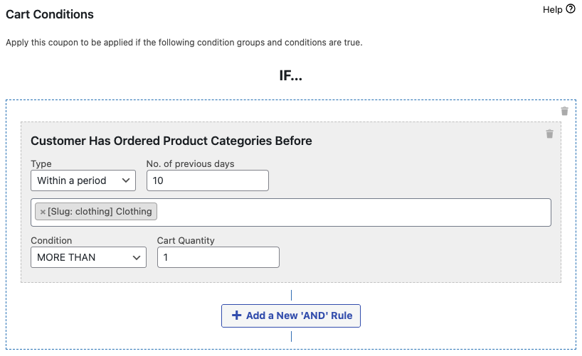 Setting up the type, no. of previous days, category, condition, and quantity 