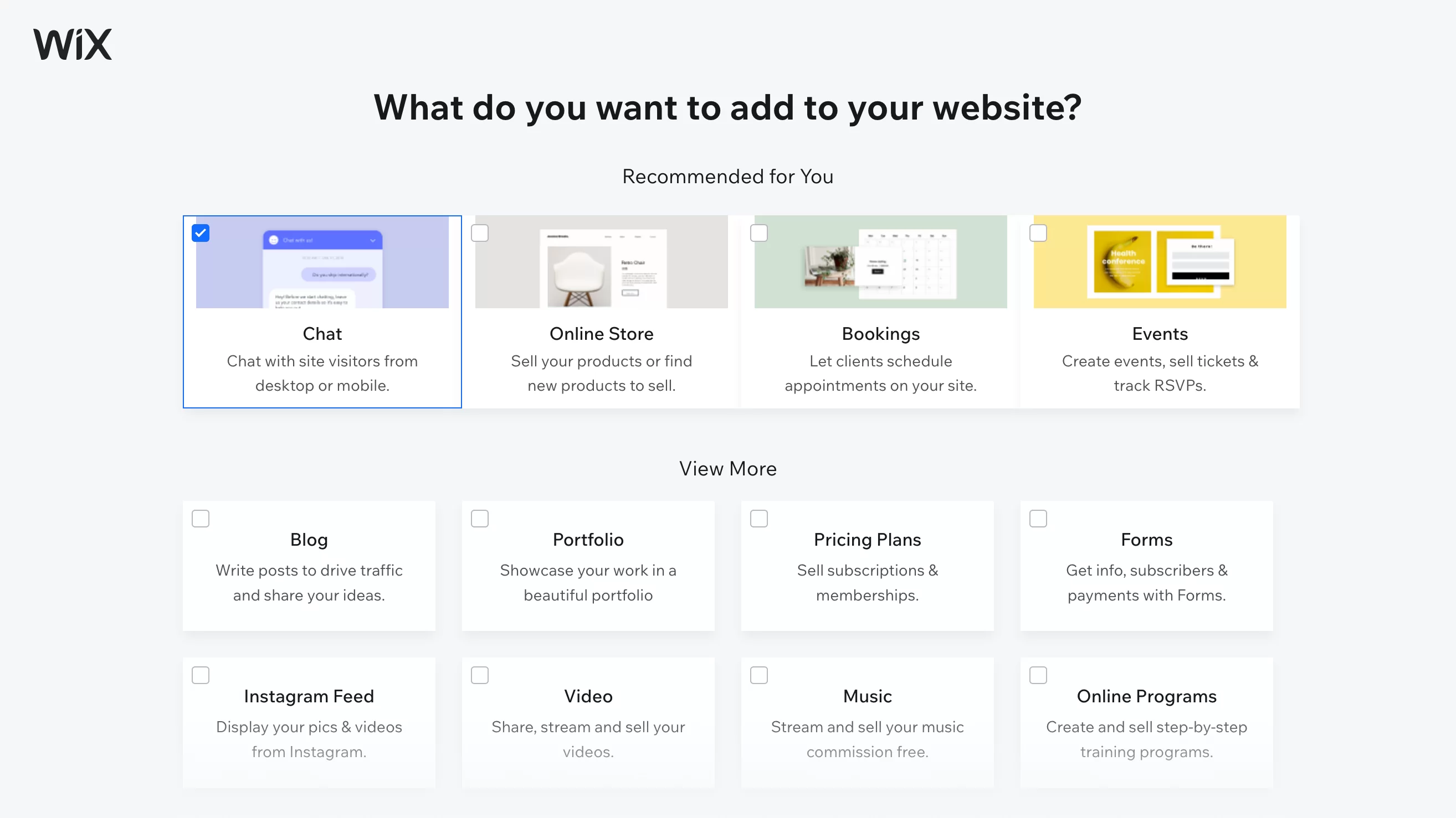 O Wix recomenda que você adicione certos recursos ao criar seu site.