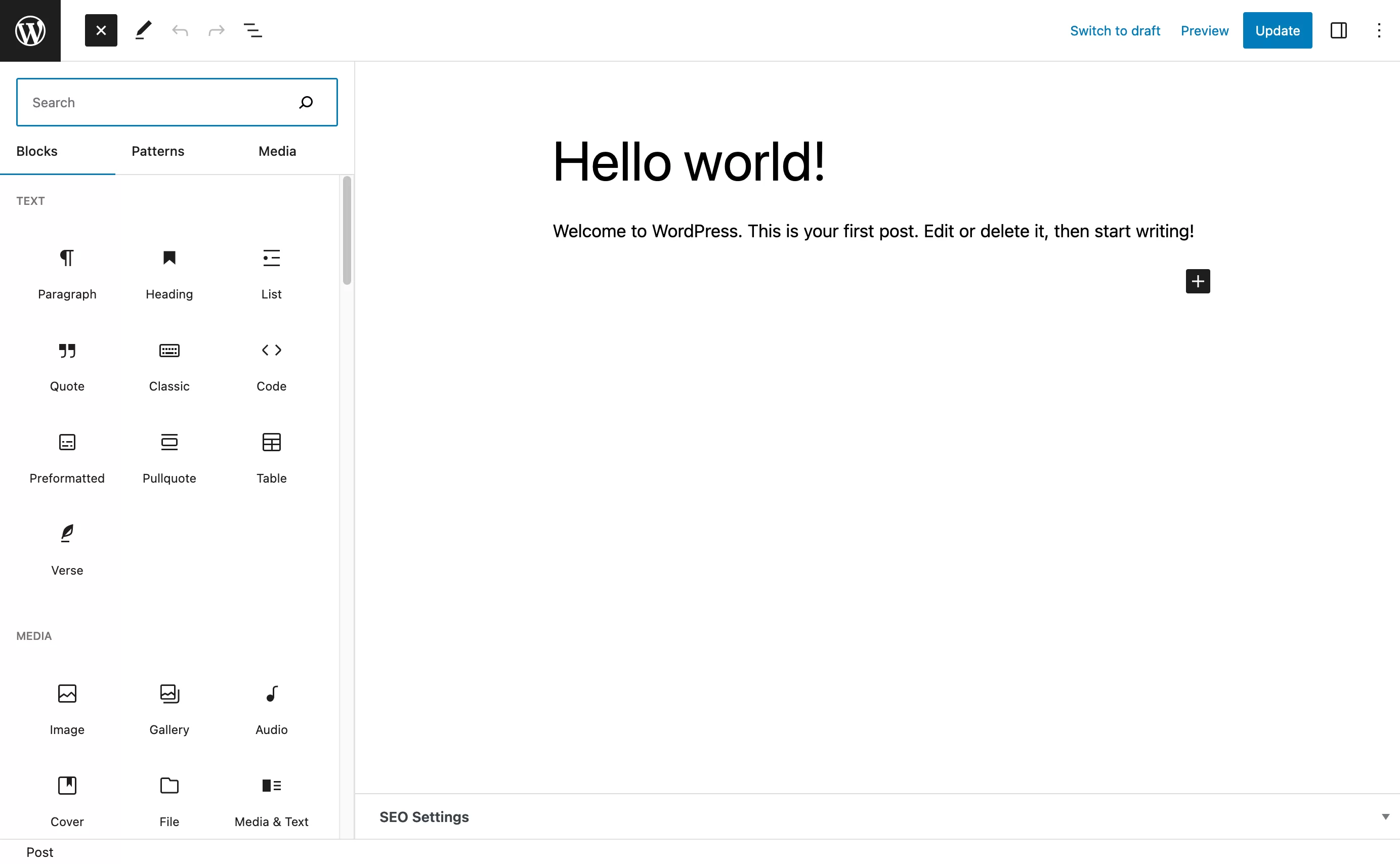 Visualização de alguns dos blocos disponíveis no editor de conteúdo do WordPress.