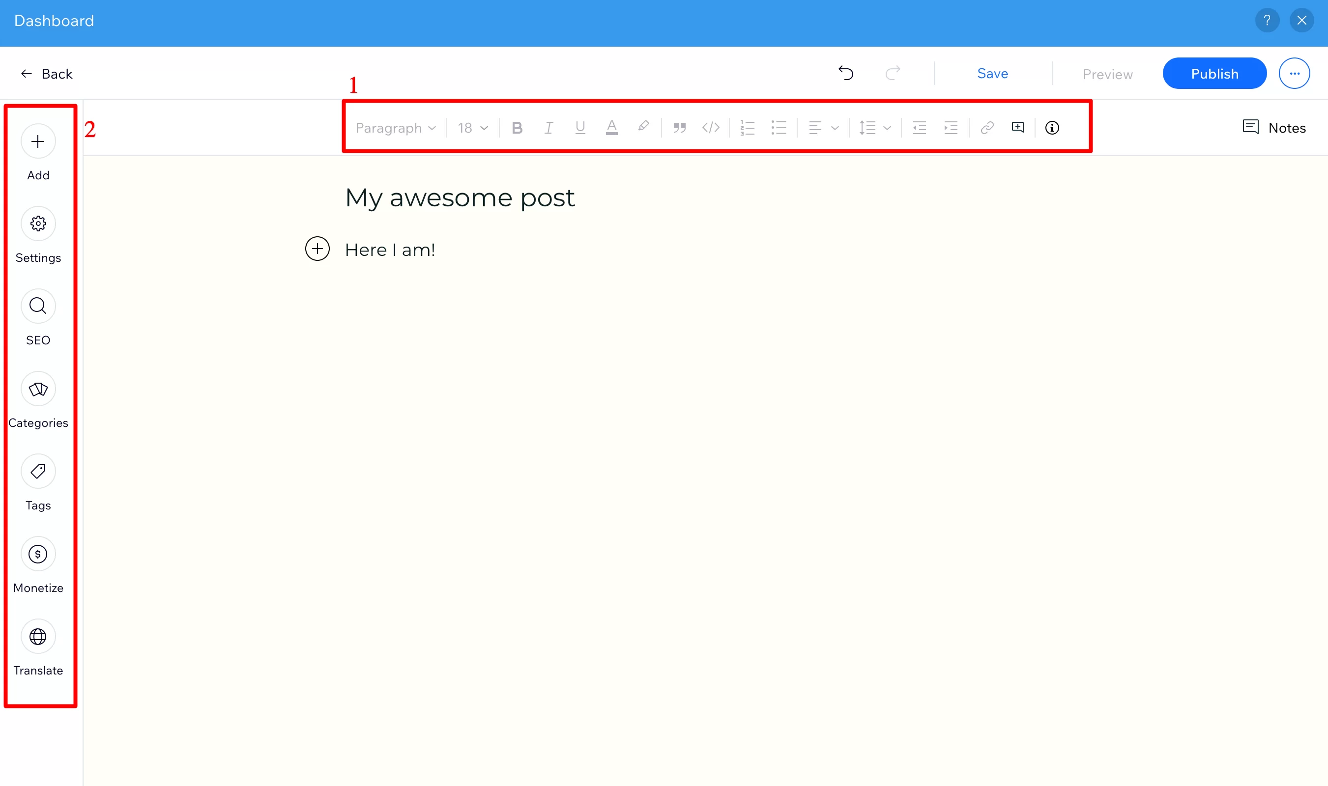 O editor de conteúdo do blog no Wix oferece várias configurações que você pode modificar.