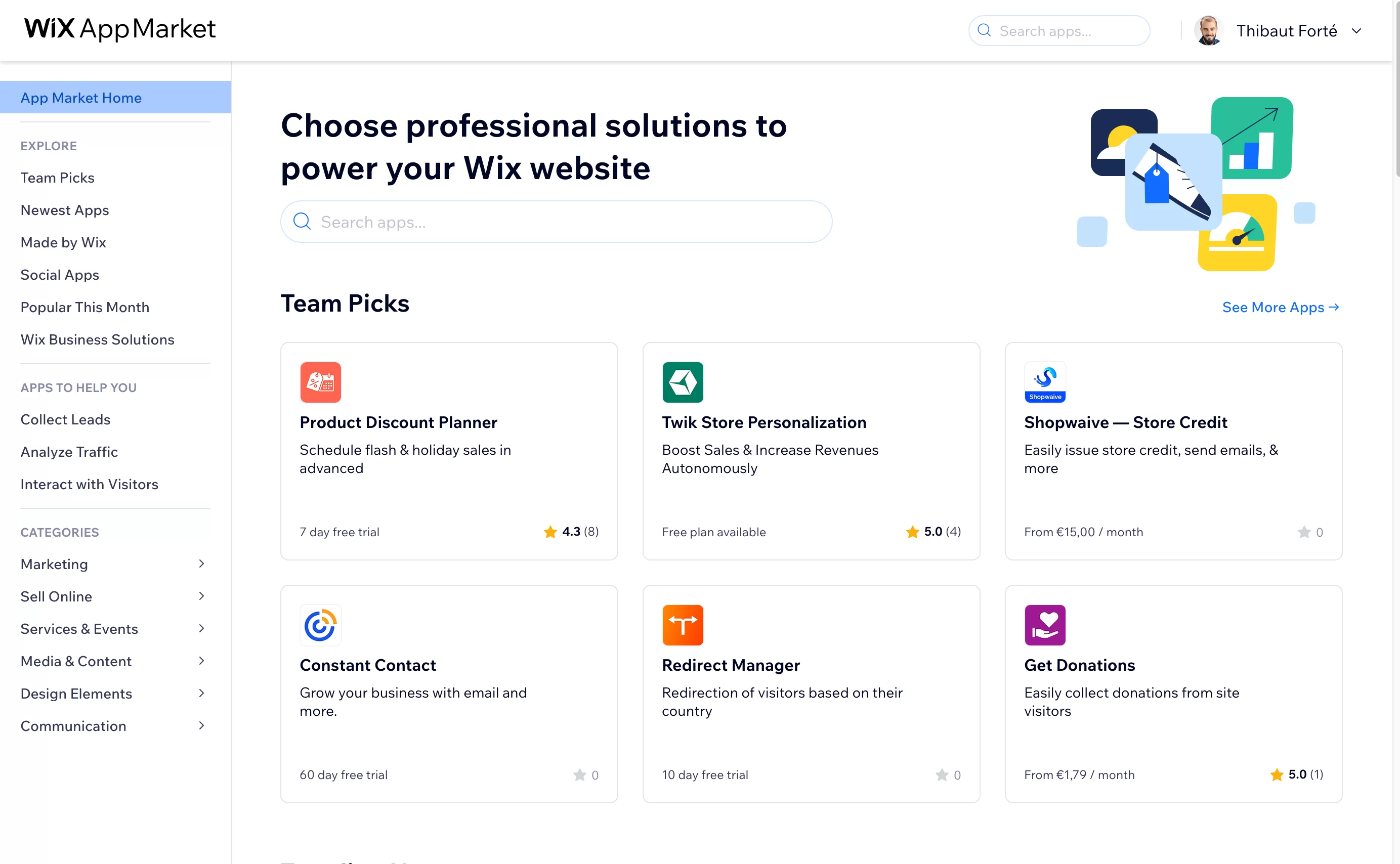 O mercado de aplicativos Wix.