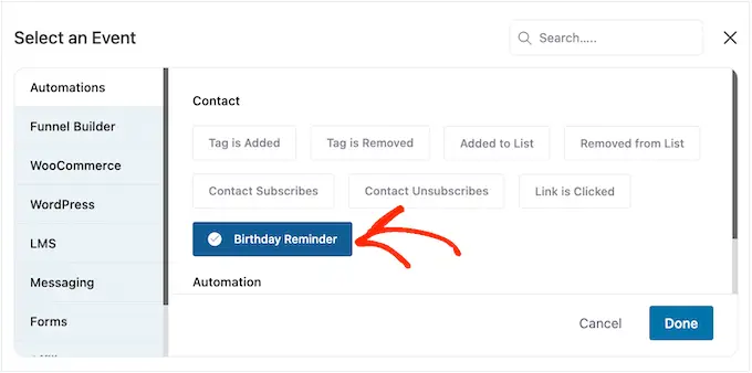 选择FunnelKit的生日提醒触发器 Selecting FunnelKit's birthday reminder trigger