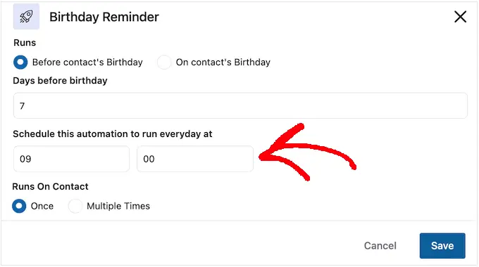 设置自动生日工作流程的时间 Setting the time for the automated birthday workflow