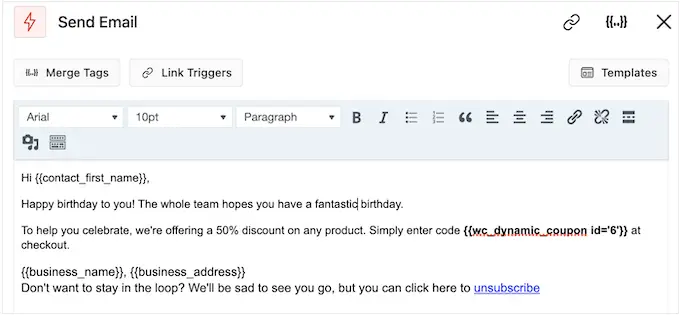 将优惠券代码添加到生日提醒电子邮件中 Adding a coupon code to a birthday reminder email