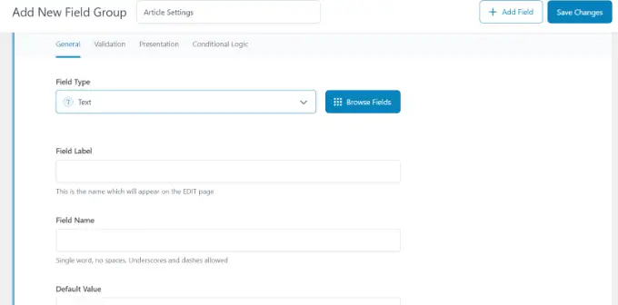 Menambahkan bidang baru Select field type and other details